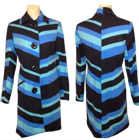 Trench Coat Vesti Striped Blue/ Black/Green Button Front Striped Rainwear Sz 6 - Picture 10 of 10